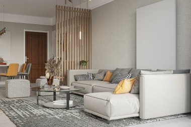 Konforlu kanepe, dekoratif yastıklar ve Açık Yemek Alanı ile Modern Oturma Odası