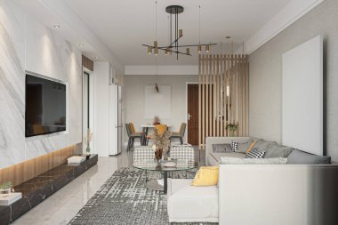 Çağdaş Tasarım ve Tarafsız Renk Paleti ile Modern Açık Konsept Oturma Odası ve Yemek Alanı