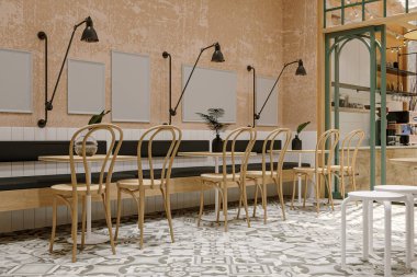 Ahşap Sandalyeler ve Geometrik Döşeme Döşemeleri ile Çağdaş Kafe İçi