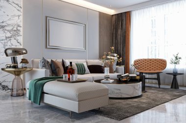 Mermer aksanlı ve peluş koltuklu zarif Modern Oturma Odası