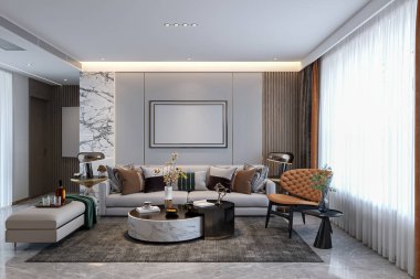 Mermer aksanlı ve şık mobilyalı lüks Modern Oturma Odası