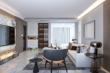 Şömine ve Parlak Mermer Dekorlu Modern Lüks Oturma Odası