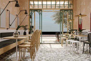 İskandinav Tasarımı ve Parlak Açık Hava Görünümü ile Moda Kafe İçi