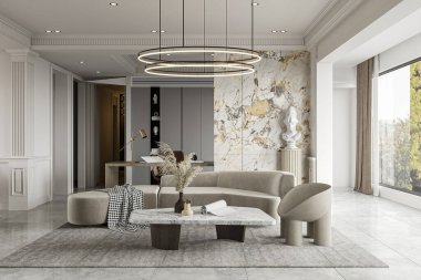 Mermer Aksan Duvarı ve Modern Mobilyalı Lüks Çağdaş Oturma Odası