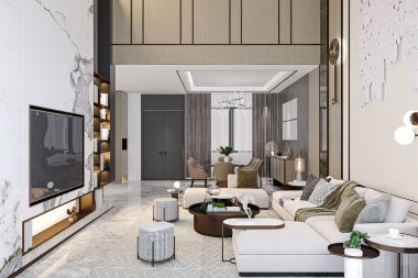 Mermer Aksanlı ve Çağdaş Mobilyalı Lüks Modern Oturma Odası ve Yemek Alanı