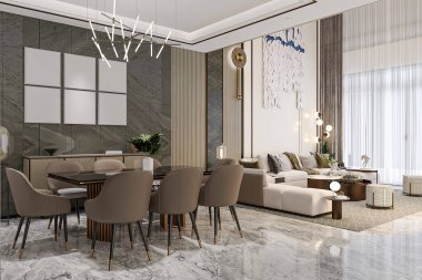 Mermer döşemeli ve Modern Tasarımlı Lüks Açık Konsept Oturma ve Yemek Odası