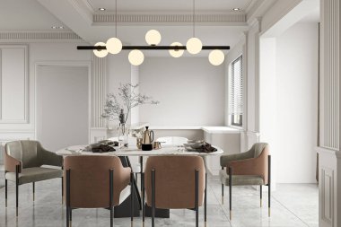 Mermer Masalı ve Çağdaş Işıklı Modern Minimalist Yemek Odası