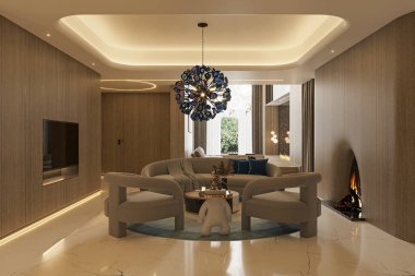 Modern şömine ve Mobilyalı Lüks Oturma Odası