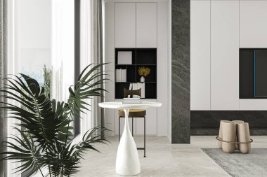 Tropikal Bitki ve Modern Kitaplık ile Çağdaş İç Tasarım