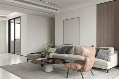 Mermer TV Duvarı ve Minimalist Dekorasyonlu Modern Lüks Oturma Odası