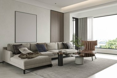 Mermer TV Duvarı ve Minimalist Dekorasyonlu Modern Lüks Oturma Odası