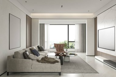 Geniş Kanepeli ve Panoramik Pencereli Modern Lüks Oturma Odası