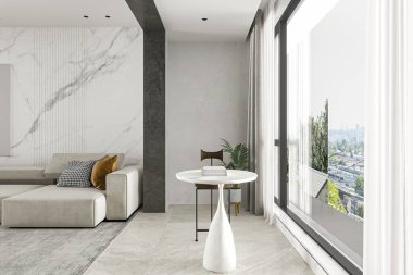 Mermer Aksanlı ve Panoramik Şehir Görünümlü Modern Minimalist Oturma Odası