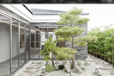 Bonsai Ağaçları, Taş Yolu ve Bambu Mahremiyet Ekranı 'ndan esinlenilmiş Japon Avlusu