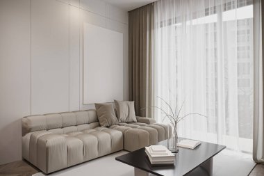 Modern bej koltuklu ve doğal ışıklandırmalı minimalist oturma odası