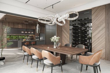 Modern Akşam Yemeği Bölgesi Zarif Işıklandırma, Şarap Depolama ve Açık Mutfak Tasarımı