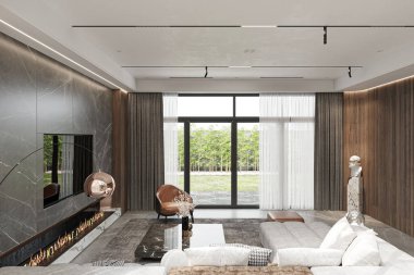 Geniş Pencereli ve Mermer Şömineli Modern Oturma Odası