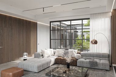 Minimalist Dekor ve Bahçe Görünümlü Modern Oturma Odası