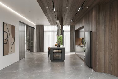 Şarap Soğutma ve Yüksek Tavanlı Modern Lüks Mutfak