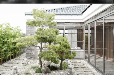 Avluda Bonsai Ağaçları, Bambu ve Taş Yol ile Modern Zen Bahçesi