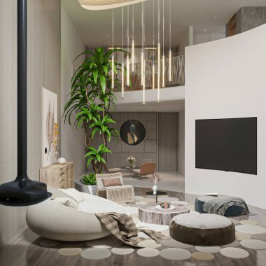 Modern Lüks Oturma Odası Çağdaş Dekor ve Yeşil Aksanlı