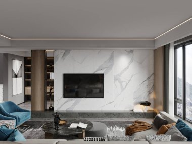 Mermer Aksan Duvarı ve Modern Minimalist Tasarımlı Lüks Oturma Odası