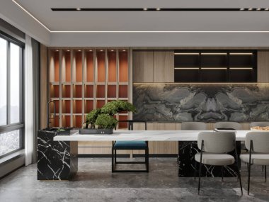 Mermer Masa ve Sanat Duvarı Tasarımlı Lüks Modern Yemek Odası