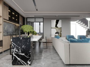 Mermer Ada ve Mavi Aksanlı Modern Açık Konsept Salon ve Mutfak