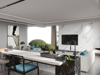 Mermer Bitiş ve Yeşillik ile Modern Açık Konsept Yemek ve Yaşam Alanı