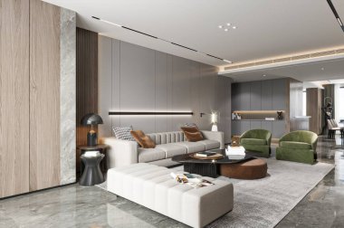 Yeşil Sandalyeler ve Modern Aydınlatma ile Çağdaş Oturma Odası