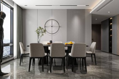 Modern Saat ve Zarif Dekorlu Minimalist Yemek Odası