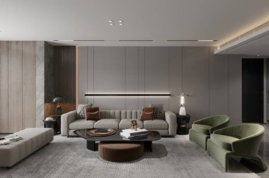 Tarafsız Tonlar ve Şık Yeşil Aksanlı Sandalyeli Modern Oturma Odası