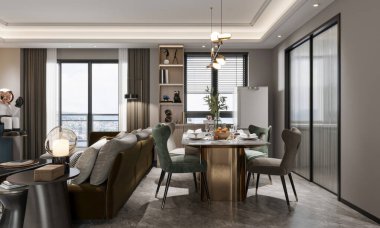 Zarif Altın Masa ve Manzaralı Şehir Manzaralı Modern Yemek Bölgesi