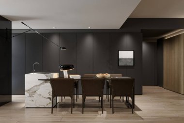 Marble Kitchen Adası ve Modern Işıklandırma ile Çağdaş Akşam Yemeği Alanı
