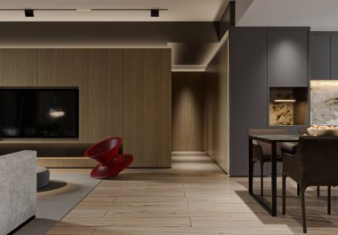 Ahşap Duvar Paneli ve Açık Yemek Alanı ile Modern İç Tasarım