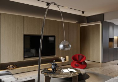 Parlak Işıklı Modern Oturma Odası, Mermer Kahve Masası ve Kalın Kırmızı Sandalyesi