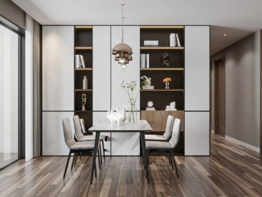 Minimalist Masası ve İnşa Edilmiş Kitaplıkları olan Modern Yemek Odası