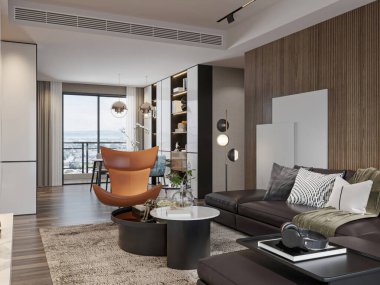 Deri koltuklu modern oturma odası ve tasarımcı aksanı