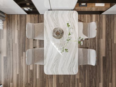 Mermer Yüzey ve Modern Dekorlu Zarif Yemek Masası Üst Görünümü