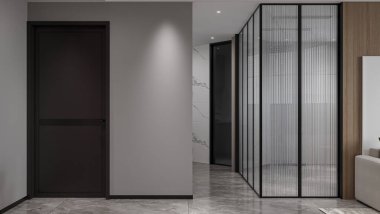 Modern bir apartmanın girişinde boş bir koridor..