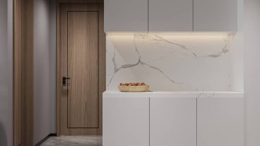 Modern Mutfak Şık ve Minimalist Beyaz Tezgahlar Şık Bir Mutfak Alanı Oluşturuyor