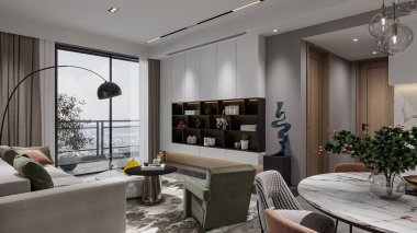 Modern oturma odası. Parlak mobilyaları ve çevre ışıklandırması var.