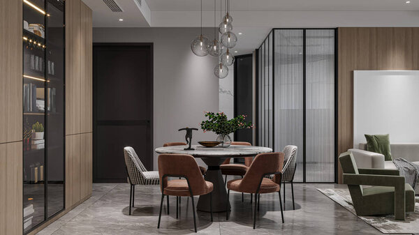 Elegant dining room with stylish decor and comfortable seating.