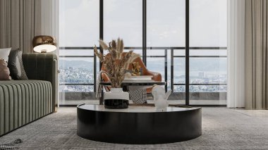 Lüks bir oturma odası mermer bir kahve masası, lüks mobilyalar ve zarif bir dekor.