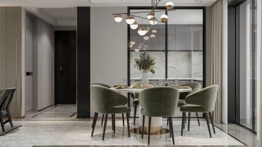 Modern yemek odasının içinde bol yemek ve klasik dekorlar var.