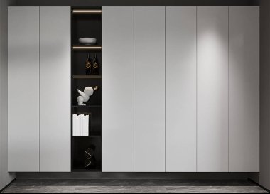 Zarif Aydınlatılmış Modern Minimalist Dolap Birimi Karanlık Arkaplanda LED Işıklı