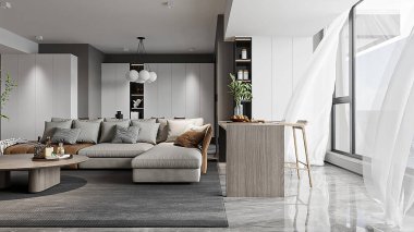 Modern Minimalist Ev, işlevsel bir kanepe ile huzurlu, modern bir minimalist ev iç mimarisi oluşturur.