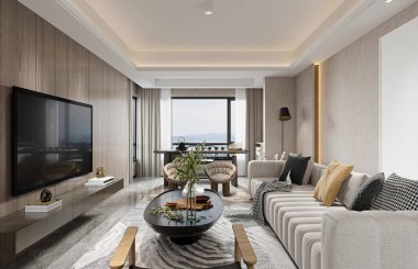 3D tasarım modüler kanepeli modern oturma odası.