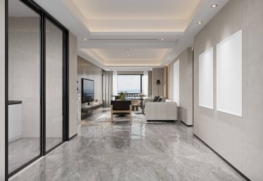 Konforlu bir ev için modern bir oturma odası, yüksek bir manzara.