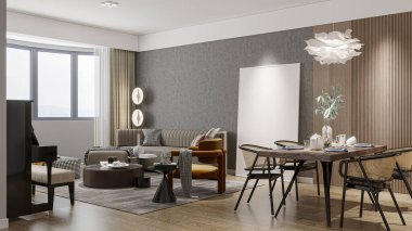 Boş bir model çerçeve gri bir duvara asılır küçük açık bir apartman dairesi oturma odasında.